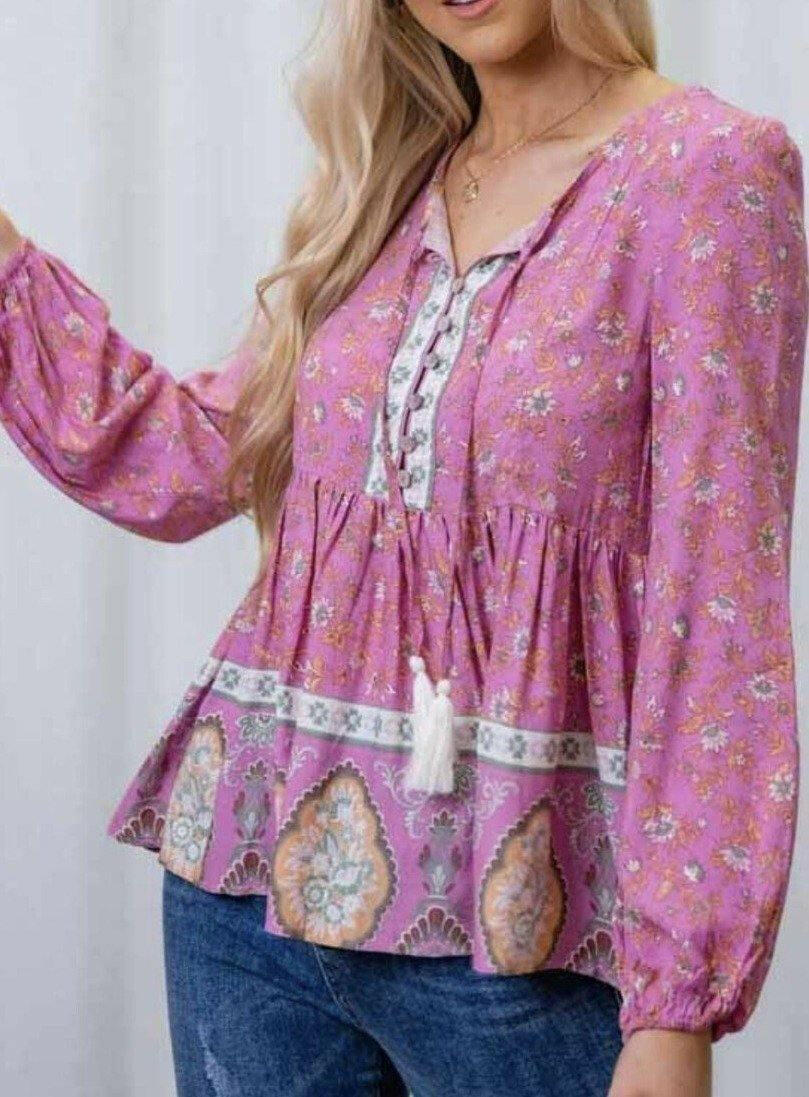 202025-4 Iris Maxi Purple Tassel Floral Top.