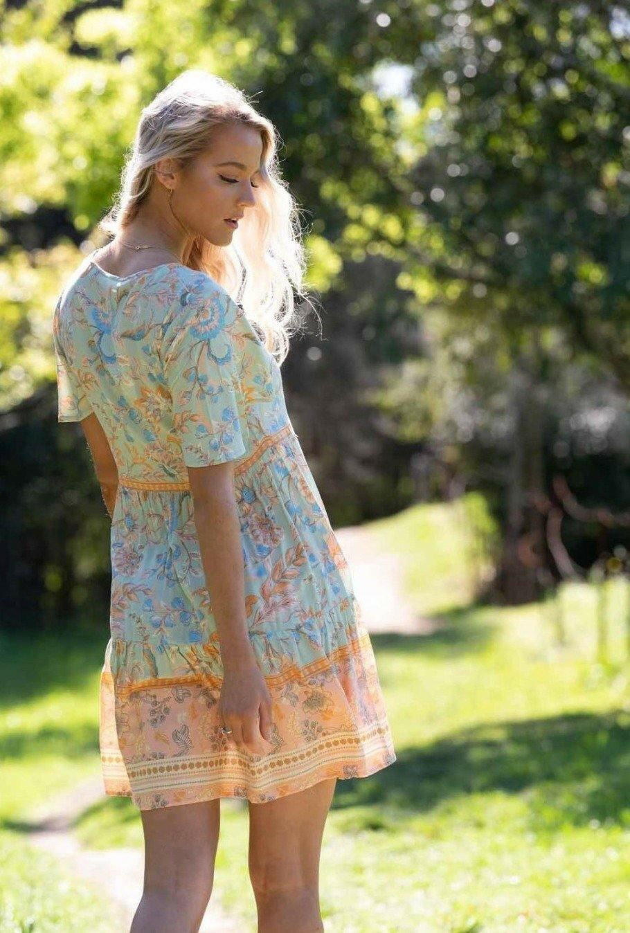 201234-1 Iris Maxi  Mint & Orange Floral Rayon Dress.