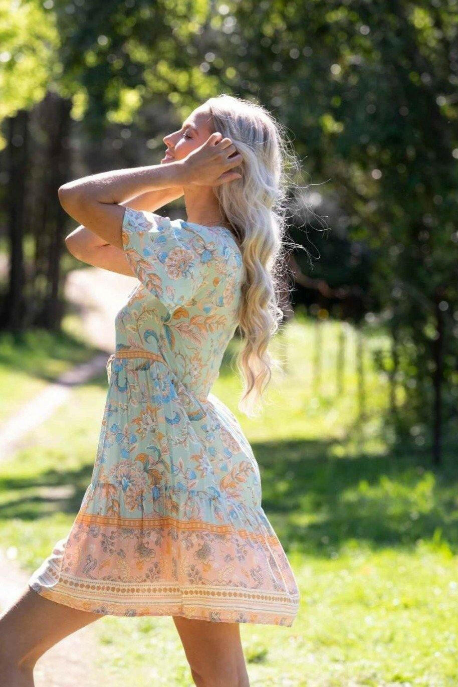 201234-1 Iris Maxi  Mint & Orange Floral Rayon Dress.