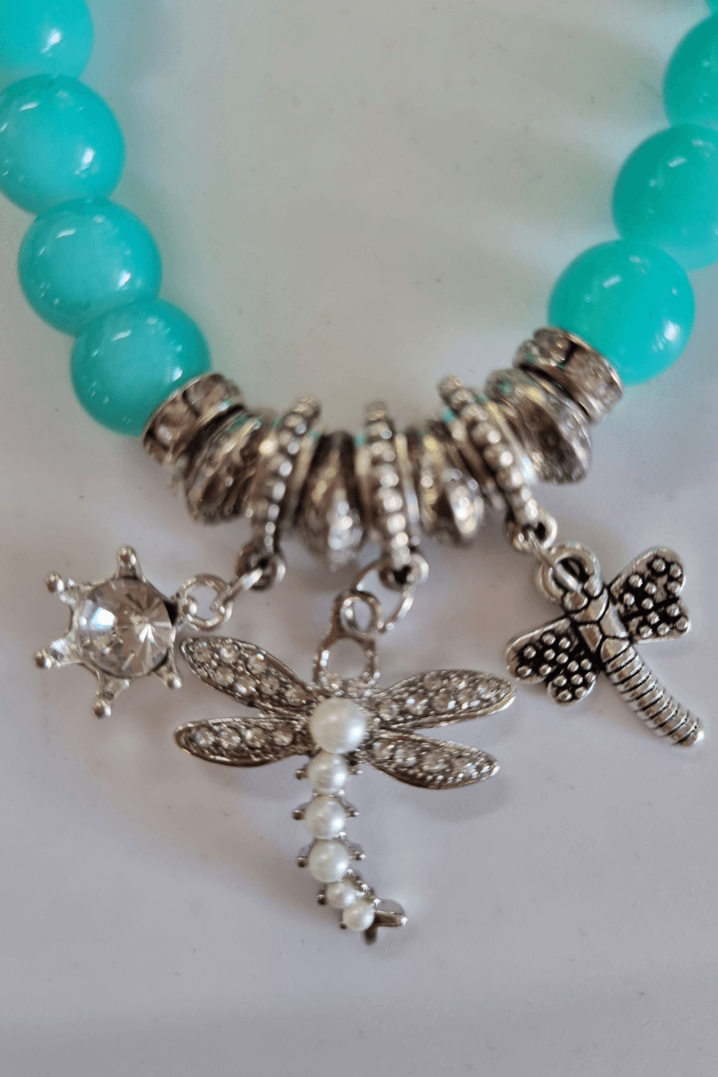 Dragon Fly Aqua Silver Plated Beaded Bracelet.