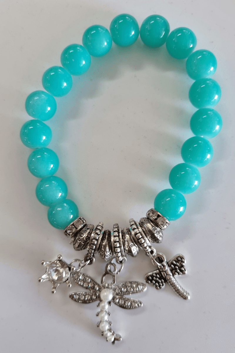 Dragon Fly Aqua Silver Plated Beaded Bracelet.