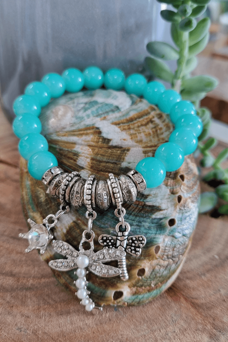 Dragon Fly Aqua Silver Plated Beaded Bracelet.
