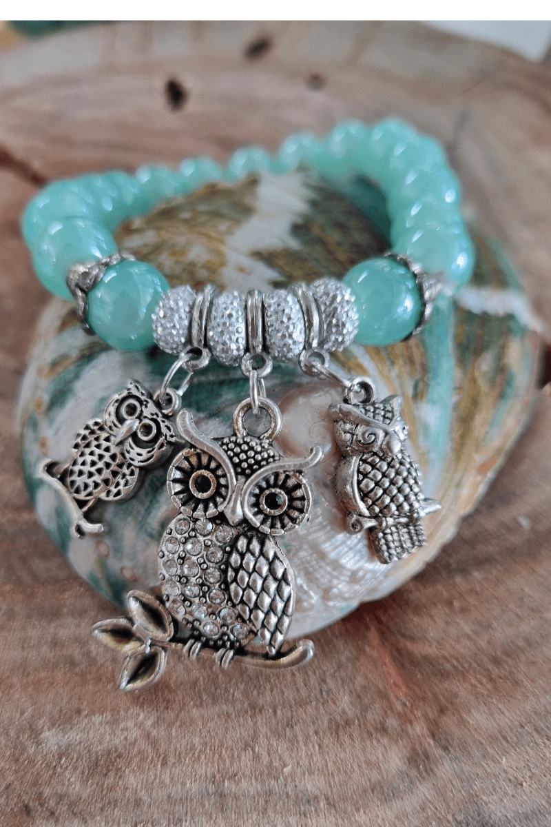 Silver Plated Owl Aqua Glass Bracelet.
