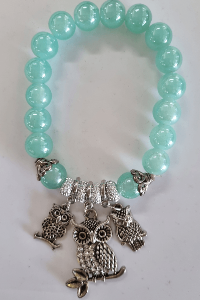 Silver Plated Owl Aqua Glass Bracelet.