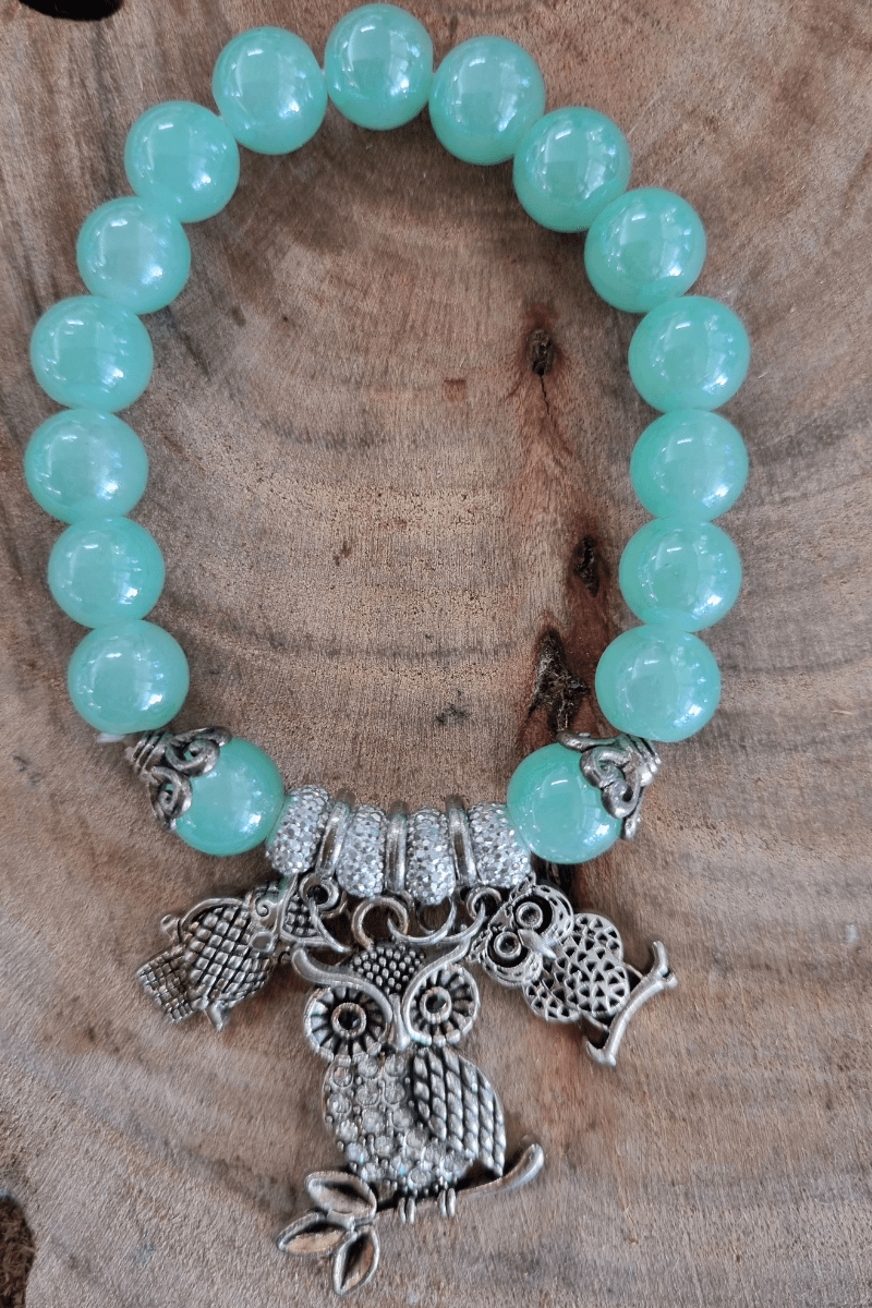 Silver Plated Owl Aqua Glass Bracelet.
