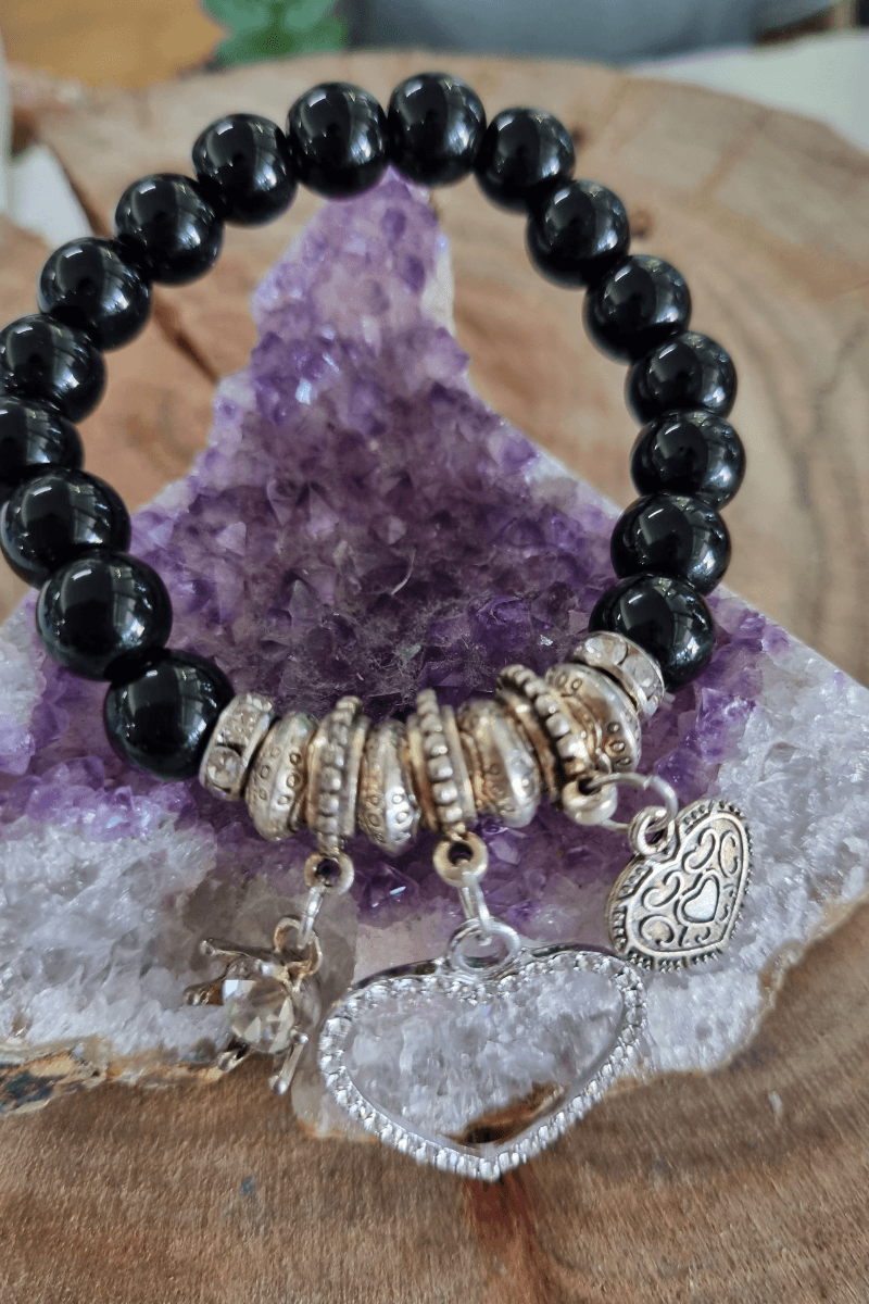 Zuconic Diamond Love Heart Black Glass Bracelet.