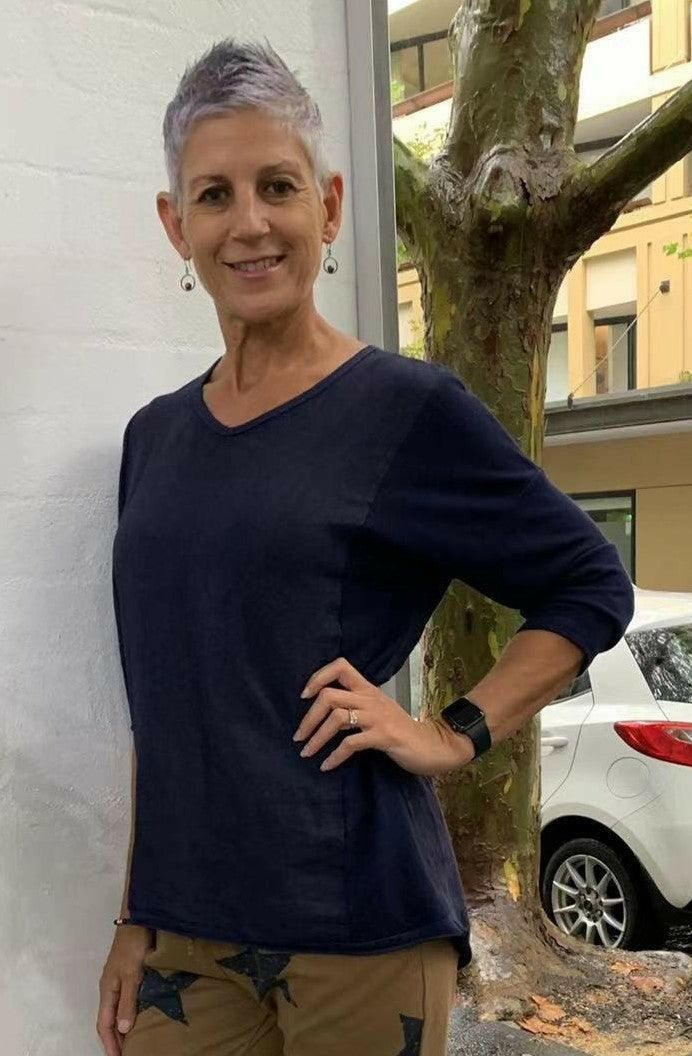 La Strada Cotton V Neck with Knit Sleeve Top.