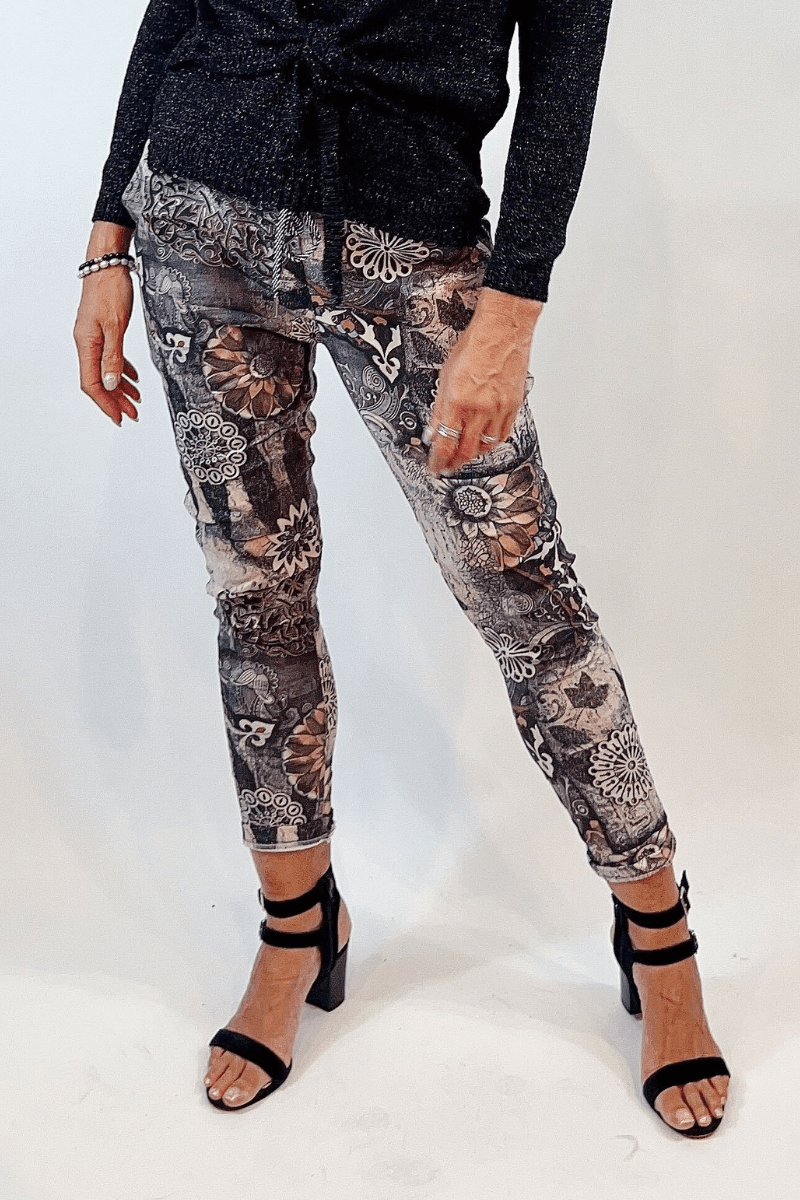 La Strada Multi Print Charcoal Jogger Pant.