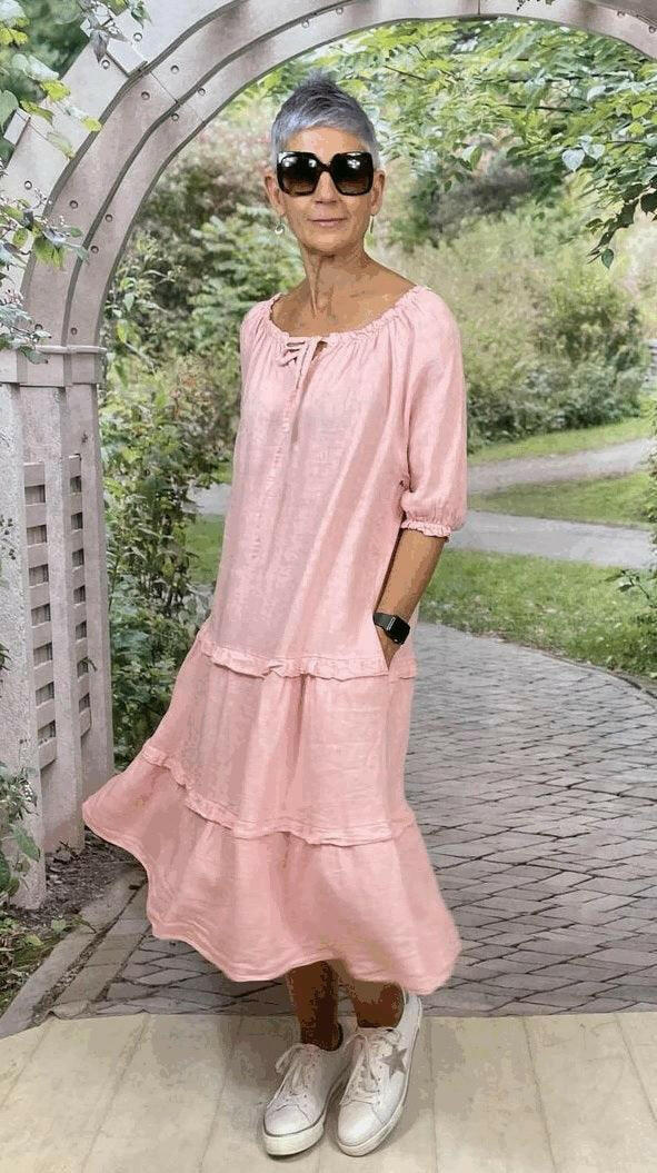 La Strada LSD21-996P Wide Neck Shoulder Linen Cotton Dress Rosa Pink.
