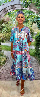 LSD21-603S La Strada Linen Patchwork Print Dress.