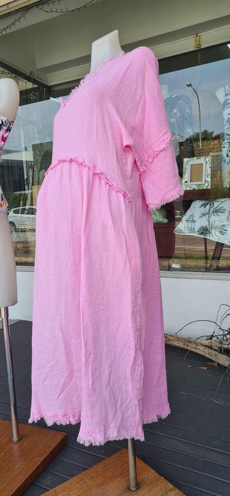LSD21-999P La Strada Fringe Candy Pink Linen Dress.