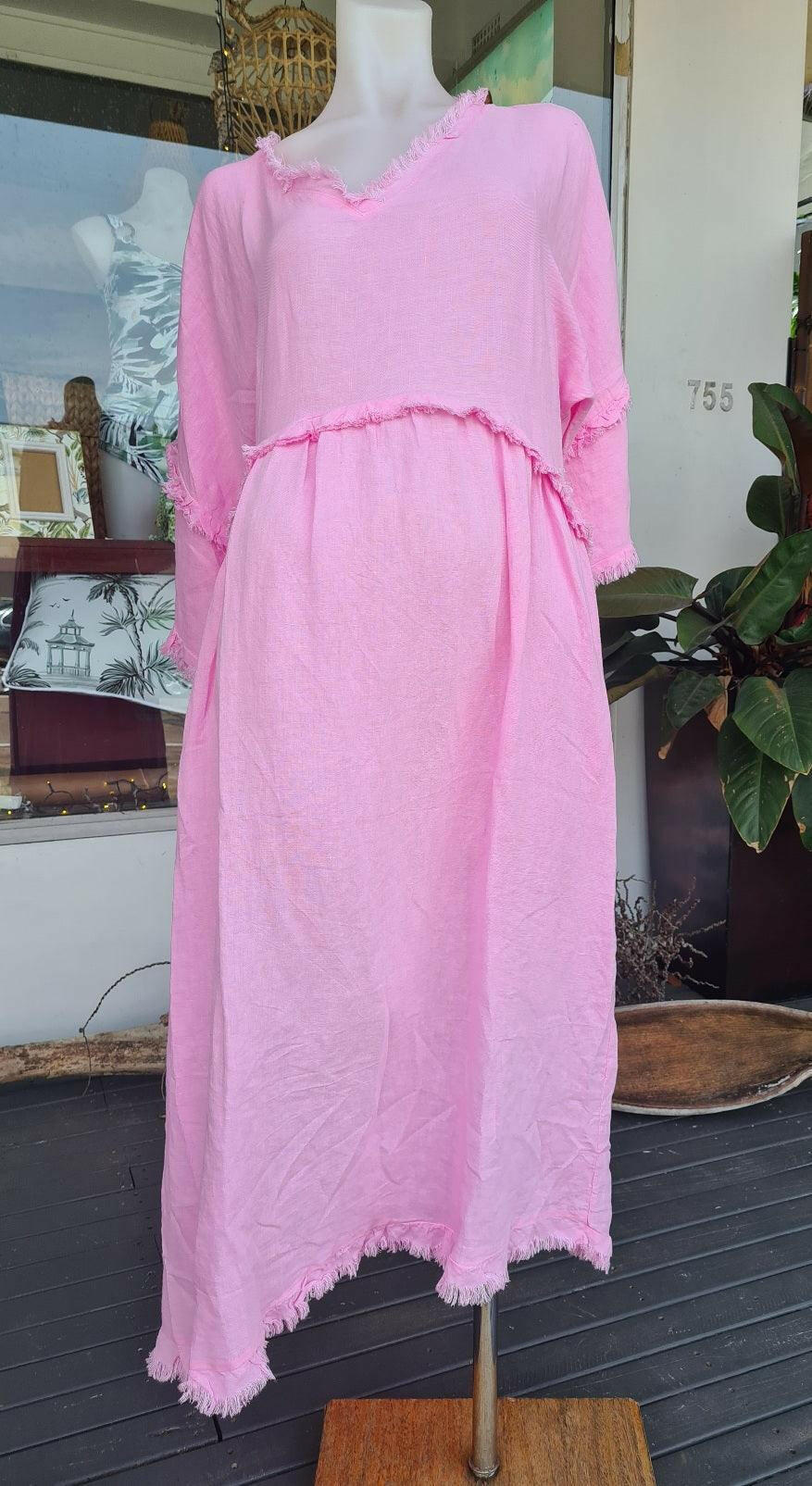 LSD21-999P La Strada Fringe Candy Pink Linen Dress.