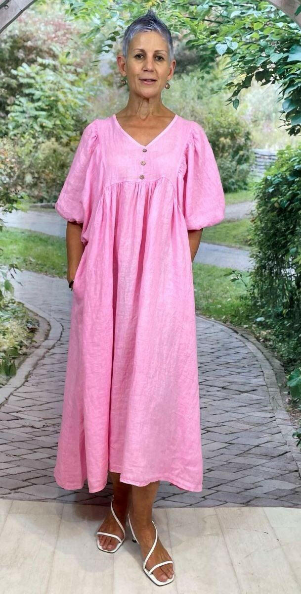 La Strada LSD21-938 Italian Linen Loose Wooden Button Kaftan Dress.