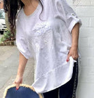 LSTU21-96A La Strada White Linen Sequin Top.