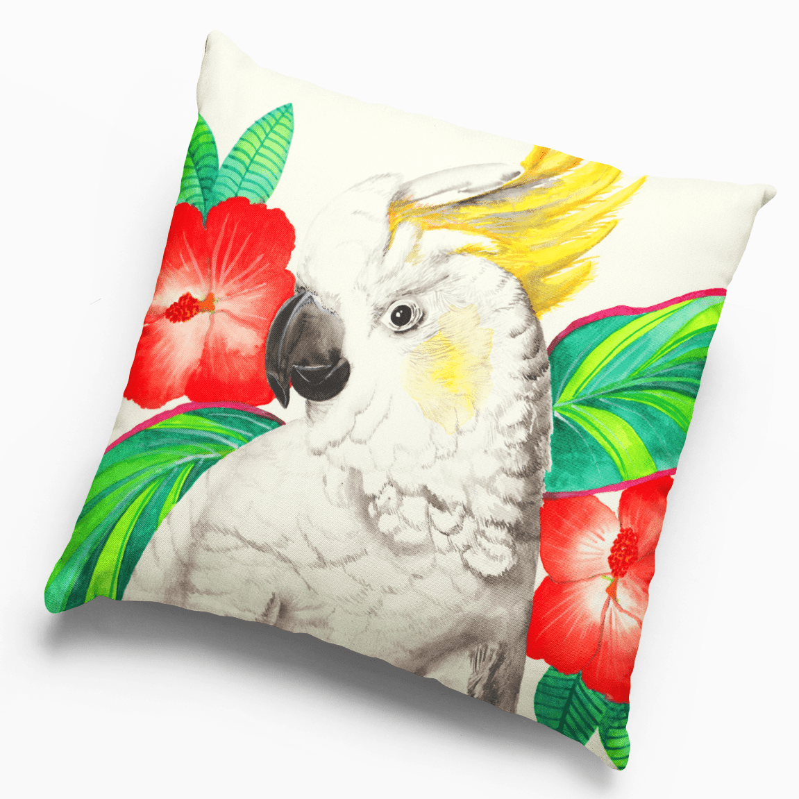 Cockatoo with Hibiscus Cushion Cover 45 x -45cm Soft Plush Double Printed.