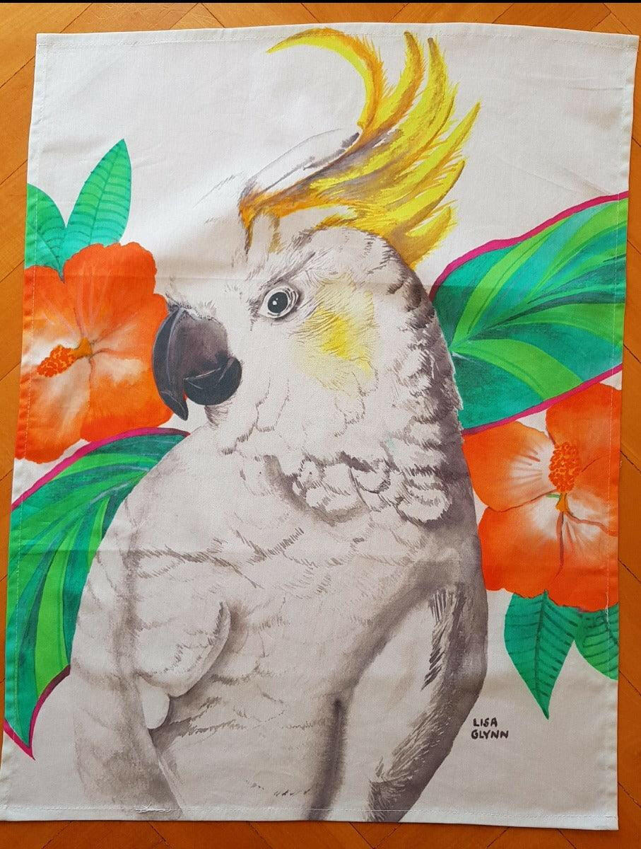 Cockatoo With Hibiscus Tea Towel.
