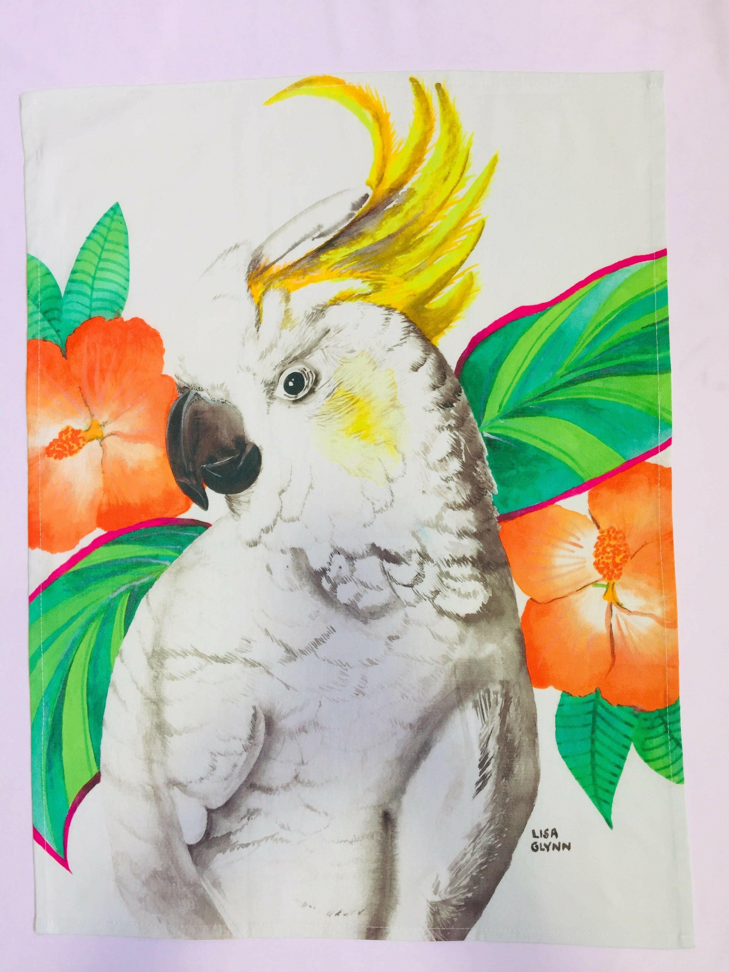 Cockatoo With Hibiscus Tea Towel.