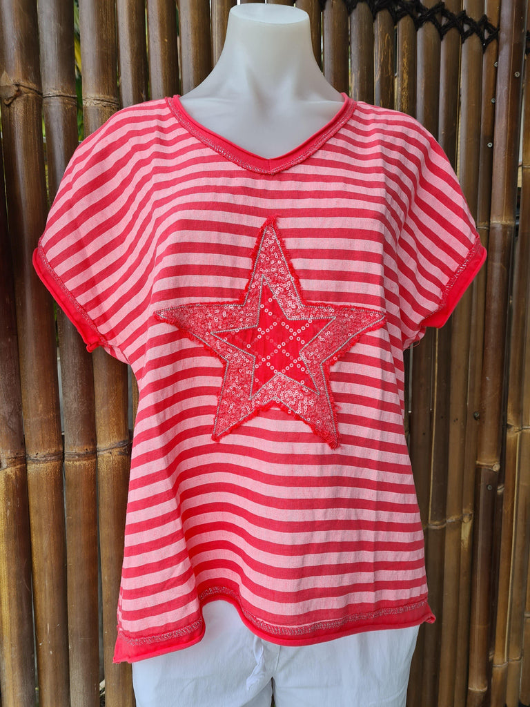 LST21-D1 La Strada Linen Cotton Coral Stripe Star Top T-Shirt La Strada 