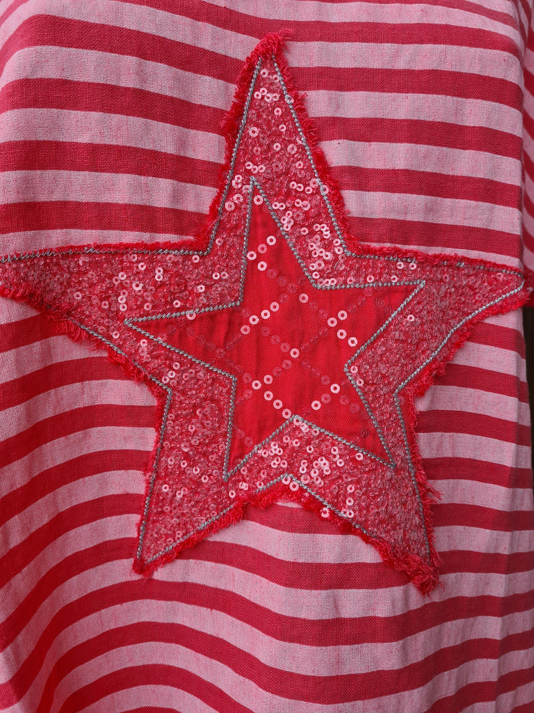 LST21-D1 La Strada Linen Cotton Coral Stripe Star Top T-Shirt La Strada 