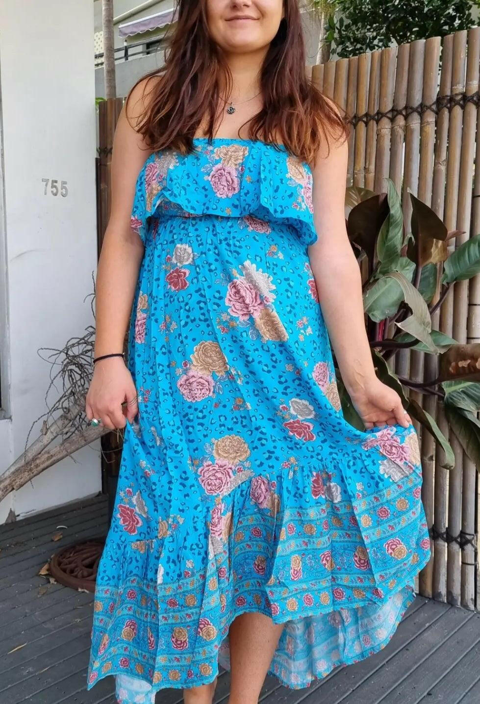 Aqua Floral Bandeau Maxi Dress 100 % Rayon.