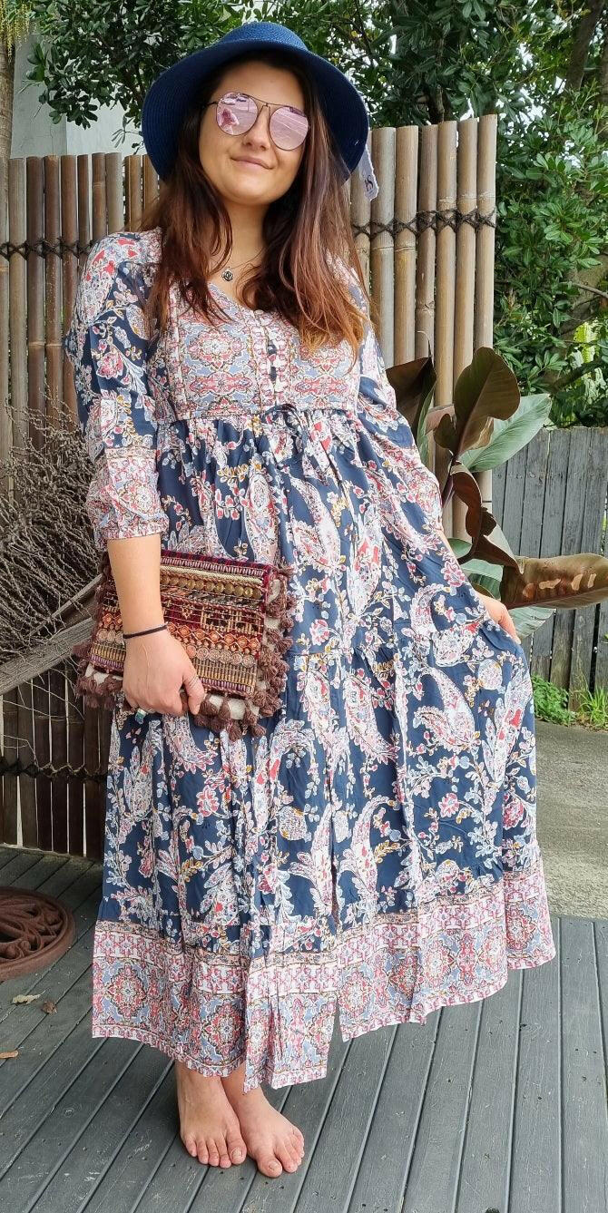 Bail Maxi Paisley Red & Navy Oversized Rayon Dress.