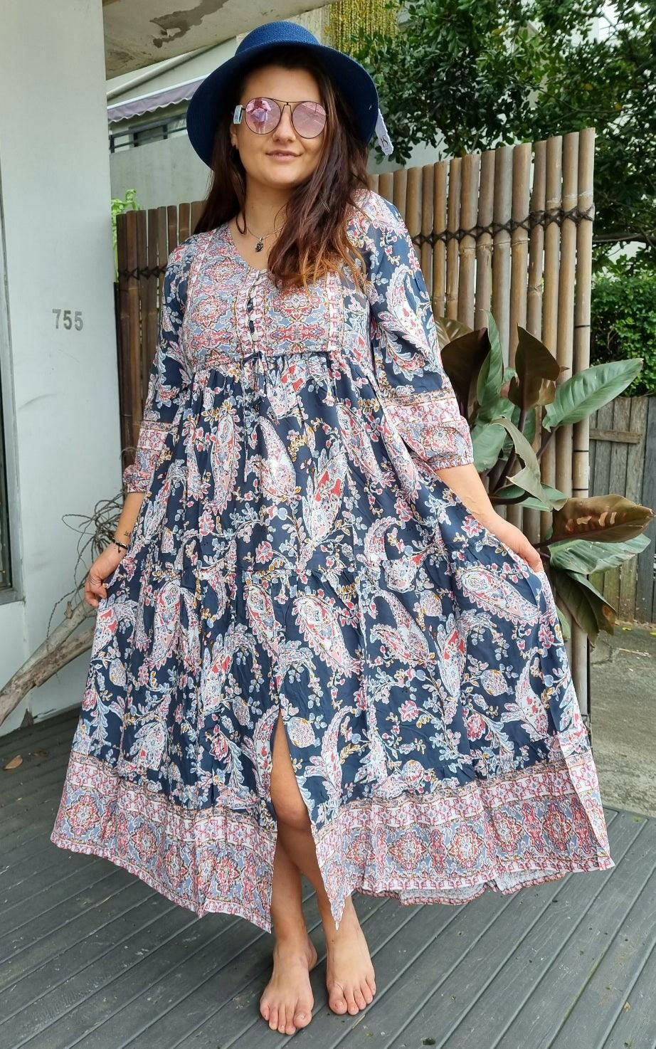 Bail Maxi Paisley Red & Navy Oversized Rayon Dress.