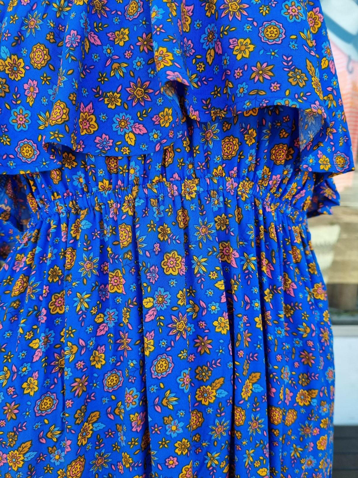 Royal Blue Floral Bandeau Maxi Dress 100 % Rayon.