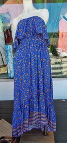 Royal Blue Floral Bandeau Maxi Dress 100 % Rayon.