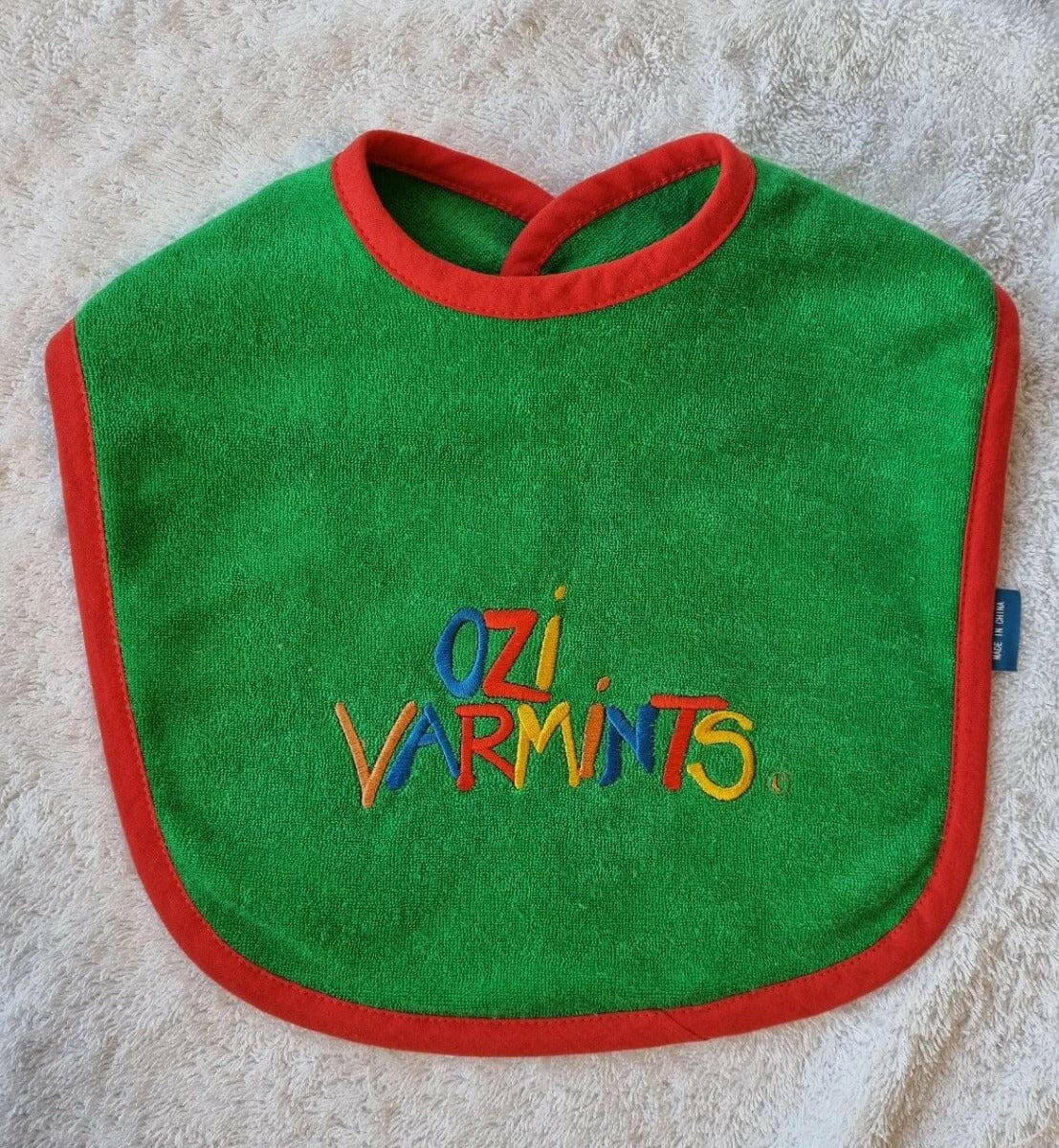 Ozi Varmints Towelling Embroidered Baby Bib.