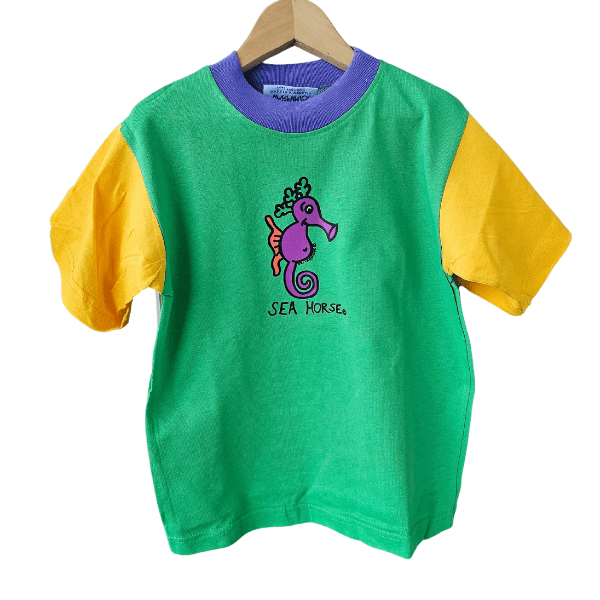 Ozi Varmints Contrast 100% Cotton T-Shirt Emerald/Sun/Purple - Seahorse.