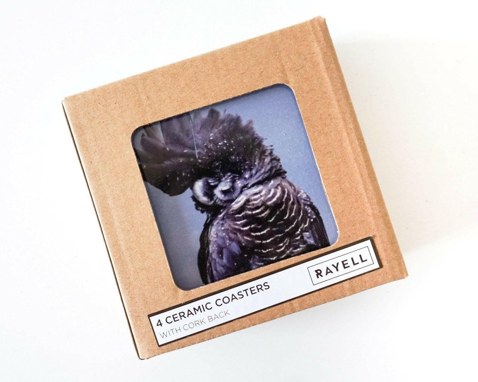 Black Cockatoo Coasters - Set of 4 Ceramic with Cork Backing.