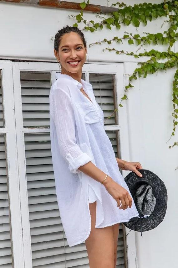 Sunseeker Resort Painter Shirt White and Sky Long Sleeve - OZ RESORT