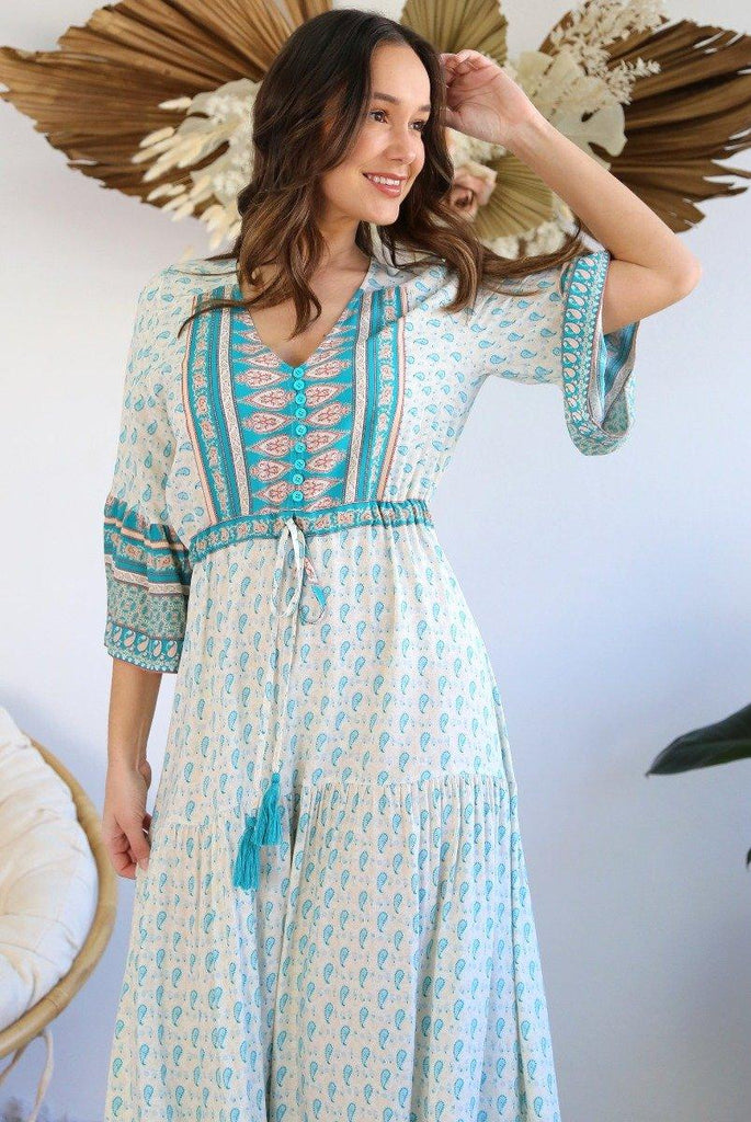 S0376-108 Salty Bright Cream And Turquoise Boho Dress Dresses Salty Bright 