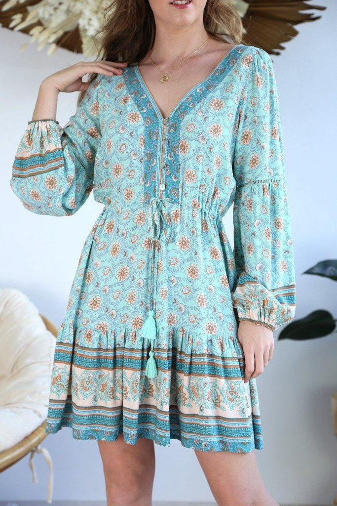S0509-104 Salty Bright Short Mint Floral long Sleeve Dress. Dresses Salty Bright 