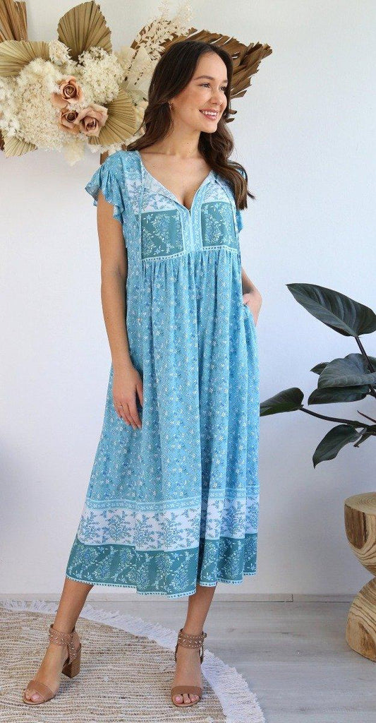 S0575A-129 Salty Bright Blue Floral Dress Dresses Salty Bright ozresort
