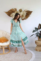 S0425-131 Salty Bright Vibrant Long Mixed Green Dress 100% Rayon.