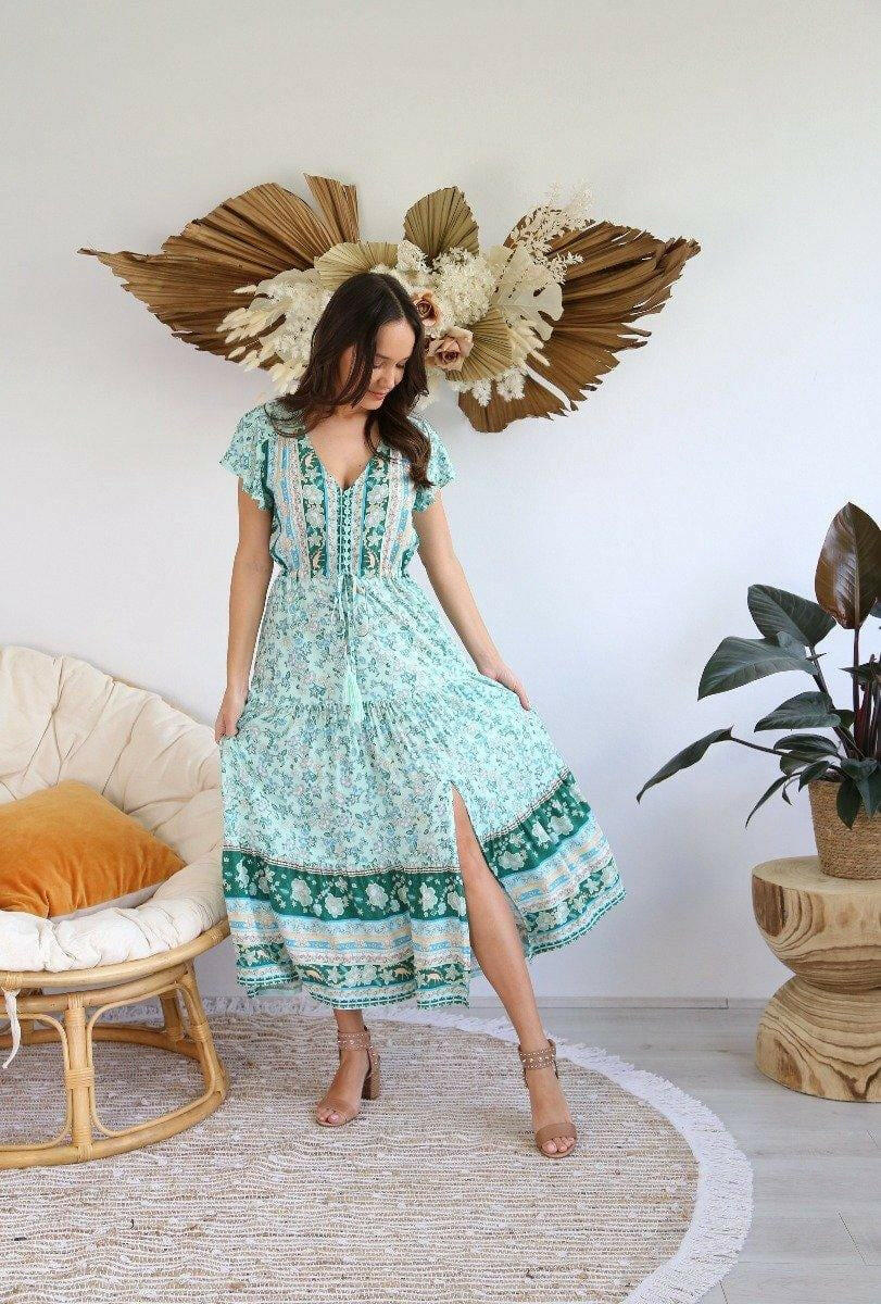 S0425-131 Salty Bright Vibrant Long Mixed Green Dress 100% Rayon.