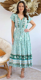 S0425-131 Salty Bright Vibrant Long Mixed Green Dress 100% Rayon.