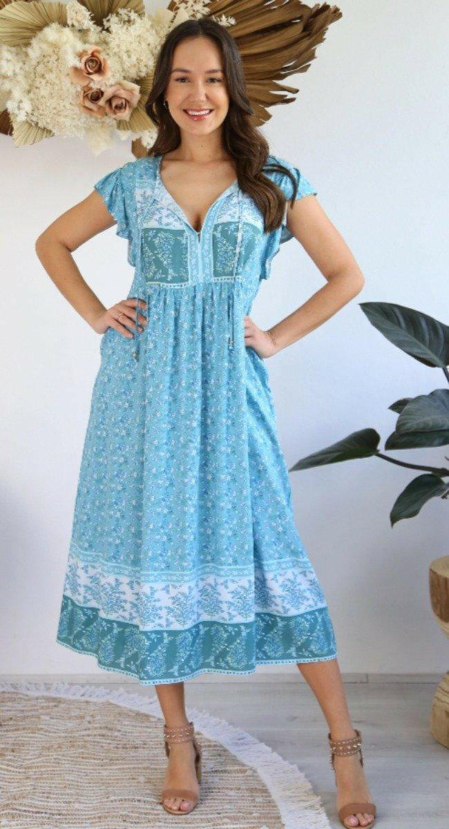 S0575A-129 Salty Bright Blue Floral Below the Knee Dress.