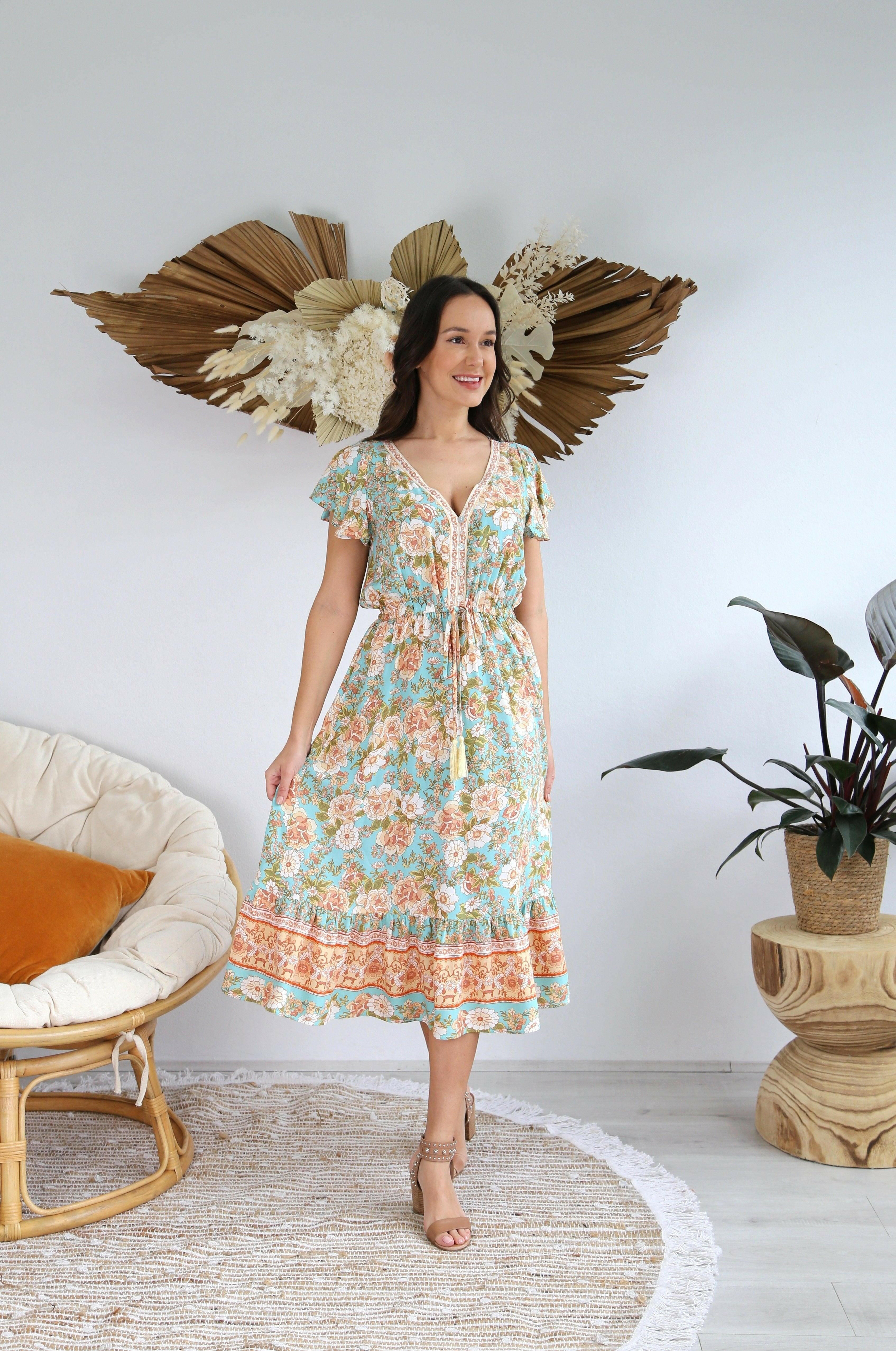 Salty Bright S0442-38 Long Mint & Orange Floral Boho Dress.