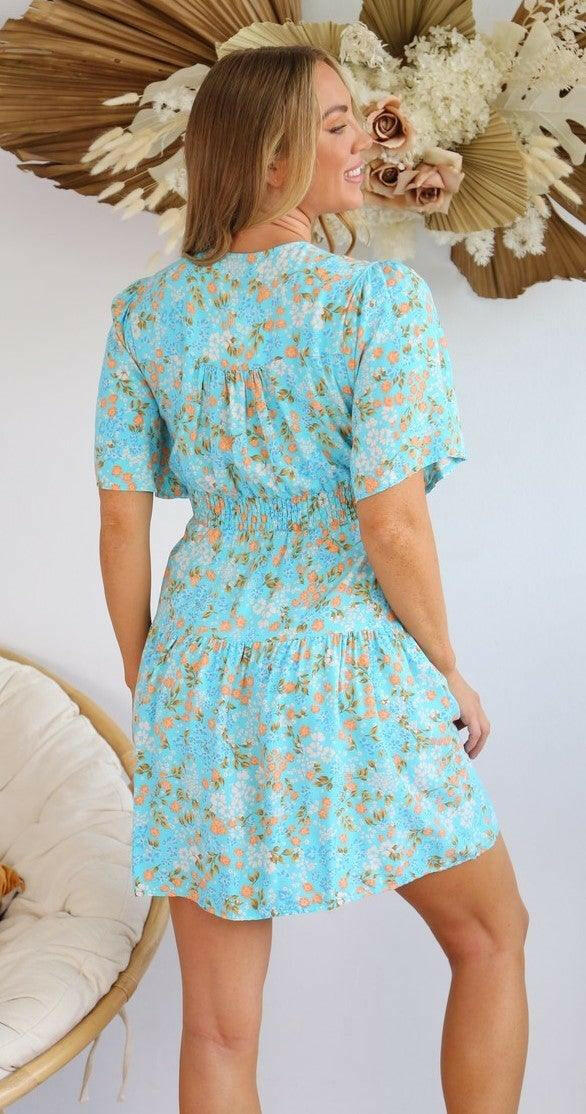 Salty Bright S0588-139 Aqua Floral Rayon Dress.