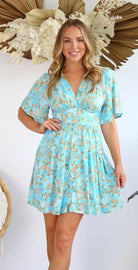 Salty Bright S0588-139 Aqua Floral Rayon Dress.