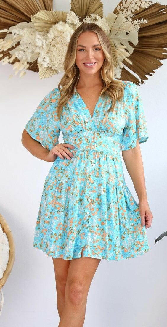 Salty Bright S0588-139 Aqua Floral Rayon Dress.