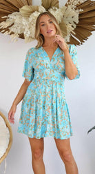 Salty Bright S0588-139 Aqua Floral Rayon Dress.