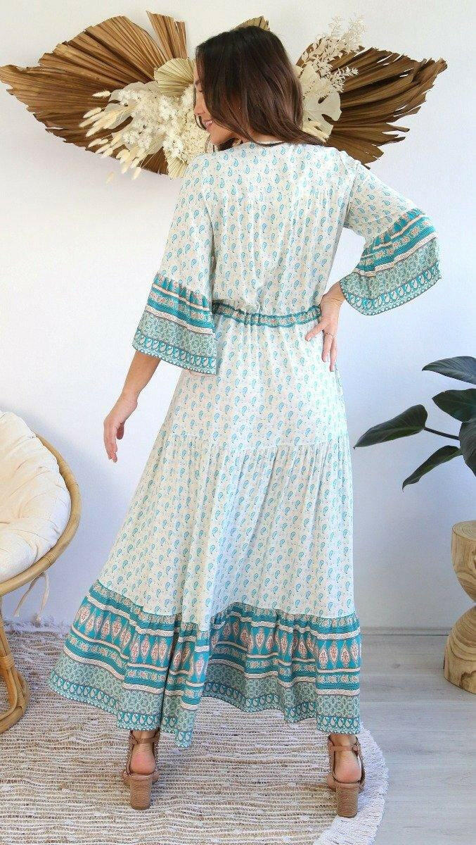 Salty Bright Cream And Turquoise Boho Dress.