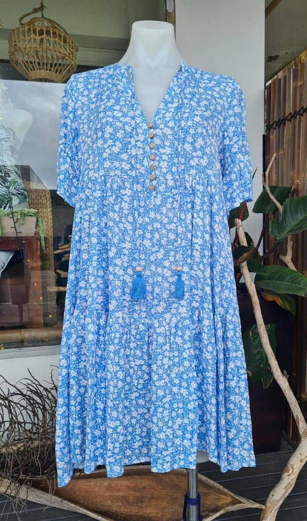 Salty Bright S0427-113 Cornflour Blue Floral Rayon Dress Dresses Salty Bright 