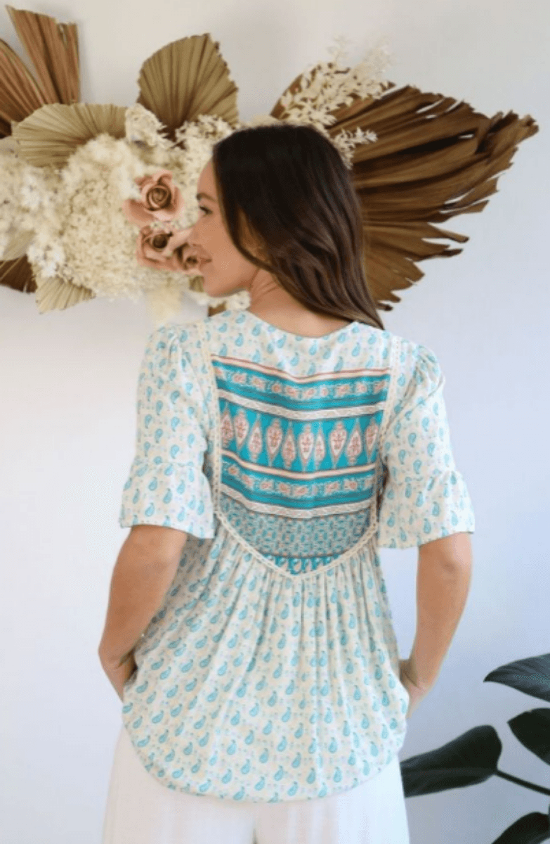 Salty Bright Teal and Cream Floral Top.