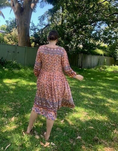 D8640PK Silver Wishes Pink Floral Long- Sleeved Dress.