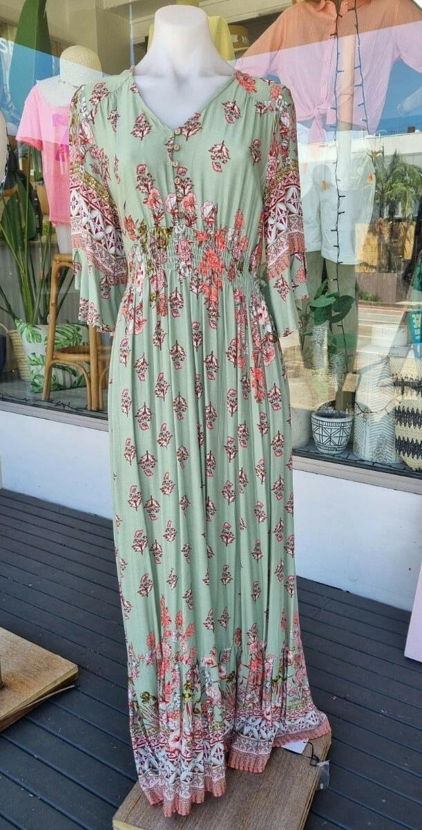 Silver Wishes D8474A Long Rayon Maxi Olive Floral Dress.