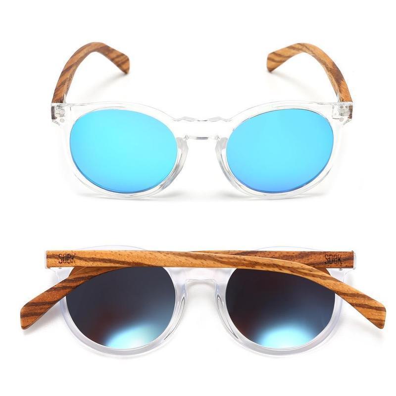 SOEK WINEGLASS BAY - Clear Framed Sustainable Sunglasses with Walnut Wooden Arms and Blue Polarized Lens - Adult Sunglasses SOEK 